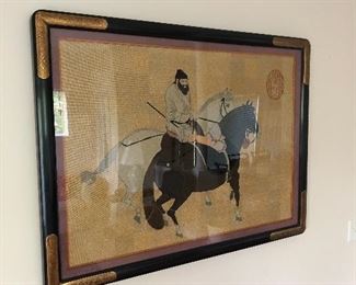 "Traditional Mongolian Horses and Rider" cross-stitched; all silk threads; background field in blocks of 6-color tan and gold threads; Image:  28 1/8" h x 40" w; mauve mat; black wood frame with impressed bronze bands at corners; 35 3/4 h x 46 3/4" w. (Over 3,000 hours of work). $5,000 (Professional art appraisal in 2014 $27,000)