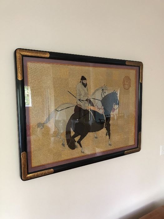 "Traditional Mongolian Horses and Rider" cross-stitched; all silk threads; background field in blocks of 6-color tan and gold threads; Image: 28 1/8" h x 40" w; mauve mat; black wood frame with impressed bronze bands at corners; 35 3/4 h x 46 3/4" w. (Over 3,000 hours of work). $5,000 (Professional art appraisal in 2014 $27,000)