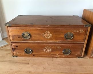 Part of 5-piece set; Vintage pair of pan Asian campaign-style stackable dressers: 3' wide x 18" deep x 18" tall, $220 each.