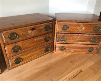 Part of a 5-piece set: Vintage pair of pan Asian campaign-style stackable dressers: Pair of stackable dressers: 28"wide x 18" deep x 22" tall $250 each
