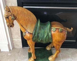 Tang Dynasty Chinese Glazed Pottery Horse Statue 27" tall, $350.