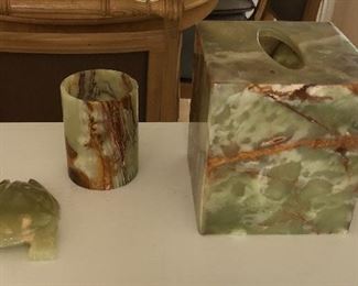 3-piece kleenex holder, glass, frog set 6" tall, $25.