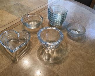 Heart dish $4, Round signed crystal dish $24, Duralex dish $4, set of 5 Pyrex dishes $9, small ridged dish $3.