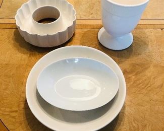 Barbara Barry Vase 9" tall $45 ; Vintage California Pottery White Ceramic Bunt Pan,$19 ; large white VillaWare ceramic pasta bowl $18, , Fitz & Floyd oval porcelain dish, $19.