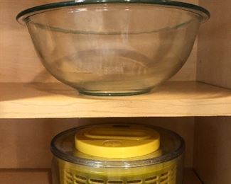 Pyrex glass bowl, 10" across $8, Zyliss salad spinner $12.
