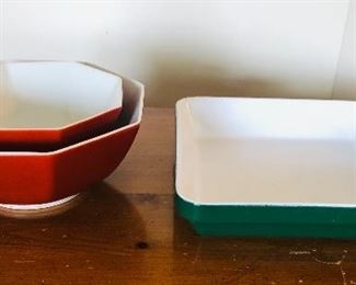 Orange Fitz & Floyd pair of bowls, 7" and 9" across, $18 ea. Green Emile Henry 9.5" square dish, $22.