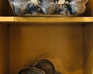 New 12 cup mini popover pan in wrapping $10, Strainers $4 set. Cobalt blue baking glass dish $5.