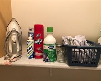 Iron $7, cleaning supplies $1 ea. , basket of lingerie laundry bags $4.