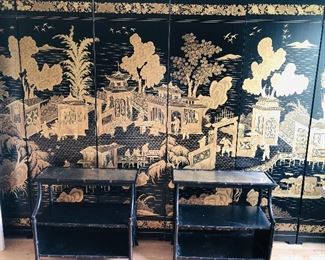 Pair of Bassett Sloan Terrace black with silvery top bamboo style end tables 27" h x 29" $150 ea. 6-panel hinged Asian black lacqeur folding screen room divider 80" h x 132" across. $695