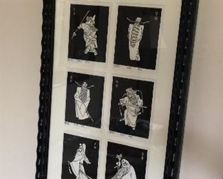 Professionally framed collage of inked images, each with hand-penciled description, 37" h x 15" w $295