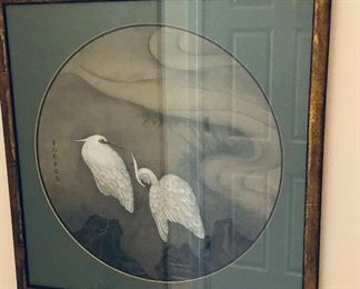 Asian watercolor original: "Two Birds" 22" square in bamboo-style frame $240