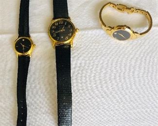 Women's watches (from left to right): Vintage diamond chip women's Quartz wrist watch $25, Vintage Montblanc Meisterstuck 7005 unisex wristwatch, $550, Swiss Movado women's watch $60