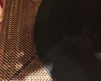 Set of 4 rattan plate chargers $18, black placemats (4) $5