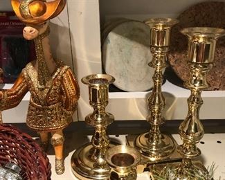 Brass candlesticks $5 pr., decorative giraffe $3