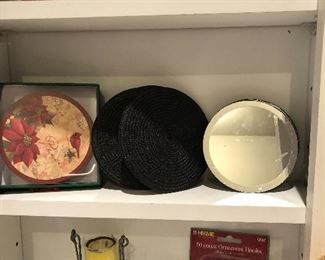 Set of 3 pears $5, Christmas coasters $3, black woven coasters $3, mirrored coasters $3, yellow candle $2, glass paper weight $5
