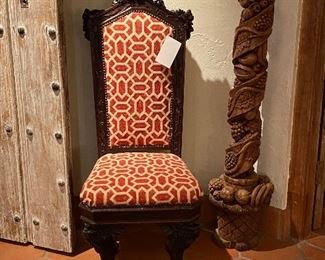 Antique hand carved side chair with bird motif and ornately carved dragon legs with claw feet