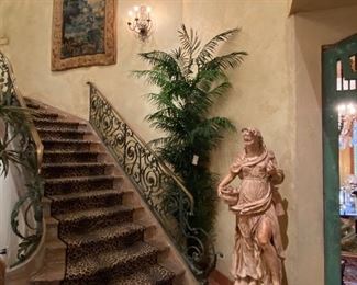 Italian terra cotta statue of woman holding flower basket 