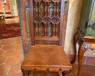 Spanish side chair with leather seat and accent nail heads