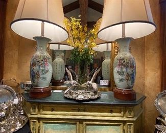 Pair of vintage Chinese porcelain lamps with golden ears from the Republic Period. Vase size: 22 1/4"H; Total size: 4'2"H