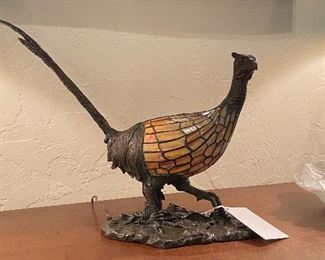 Pheasant stained glass and bronze lamp 