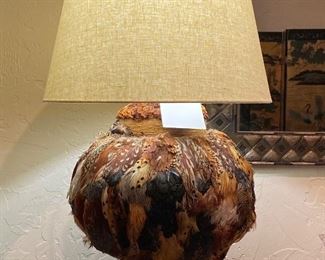 Pheasant feather lamp with lucite base