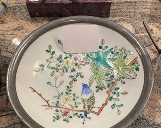 Japanese hand painted porcelainware and pewter plate