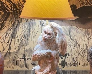 Beautiful Italian ceramic monkey lamp with lucite base and finial 