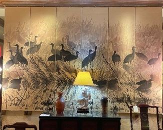 6 panel Chinese screen with birds in marsh