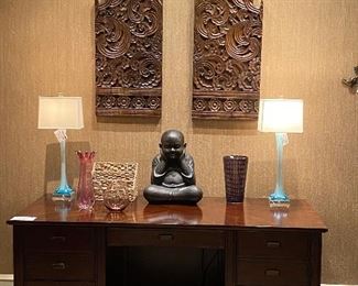 Haverty's Desk; sitting Buddha; architectural wood carved wall hanging