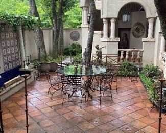 Custom glass and iron outdoor patio table and chairs 