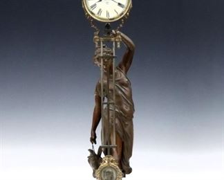 A late 19th century Ansonia "Huntress" model swinging arm figural clock.  8-day time only movement within a nickeled cannister form body with papered metal dial and Roman numerals with compensating pendulum and gilded mounts.  "Huntress" Spelter figure with dark Brown patina and Ebonized turned wooded plinth.  Some wear to the original finish, running when cataloged.  24" high overall.  ESTIMATE $800-1,200