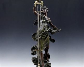 A late 19th century French "Reine Des Flots" (Queen of the Waves) model swinging arm figural clock.  8-day time only movement within a painted spherical body with Roman numerals with compensating pendulum and gilded mounts.  "Glaneuse" Spelter figure after Auguste Moreau with two color patina and marbleized turned wooded plinth.  Some wear to the original finish, running when cataloged.  34" high overall.  ESTIMATE $2,000-3,000