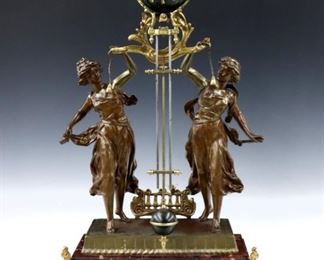 A late 19th century French double statue swinger clock.  8-day time only movement within a painted spherical body with Roman numerals with compensating pendulum and brass mounts.  Spelter Allegorical figures of "Spring & Summer" with two color patina on a Rouge Marble base with gilded Spelter feet.  Some wear and touch ups to finish, running when cataloged.  24 1/2" high overall.  ESTIMATE $1,000-2,000