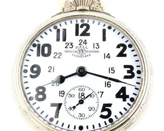A Ball/Hamilton 998E Elinvar Model BTRR (Bonne Terre Rail Road) Railroad watch with enameled medallion on back cover.  16 size, 23 j, Adj Temp & 5 pos, DR, DMK, GJS, SW, LS, "Ball Official RR Standard" GF, OF, Porcelain DSD with bold Arabic numerals marked "Ball Official RR Standard, Cleveland", serial #B649349.  Minor wear, small chips to enamel, winds, sets and running when cataloged.  ESTIMATE $800-1,200