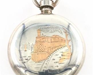 An AWW Co. "Railroader" Model 1892 Railroad watch.  18 size, 17 j, Adj, DMK, Swing Out movement, SW, LS, "Silver" OF with inlaid locomotive on rear cover, Porcelain SSD w/Arabic numerals marked "Railroader, Waltham", serial #8010082.  Minor wear, winds, sets and running when cataloged.  ESTIMATE $800-1,200