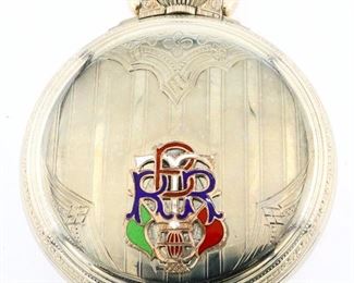 A Ball/Hamilton 998E Elinvar Model BTRR (Bonne Terre Rail Road) Railroad watch with enameled medallion on back cover.  16 size, 23 j, Adj Temp & 5 pos, DR, DMK, GJS, SW, LS, "Ball Official RR Standard" GF, OF, Porcelain DSD with bold Arabic numerals marked "Ball Official RR Standard, Cleveland", serial #B649349.  Minor wear, small chips to enamel, winds, sets and running when cataloged.  ESTIMATE $800-1,200