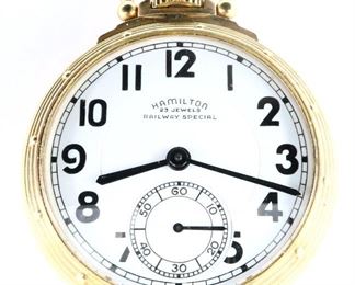 A Hamilton 950B Model Railroad watch.  16 size, 23 j, Adj Temp & 6 pos, DR, DMK, GJS, SW, LS, Hamilton Watch Co. GF, OF, Porcelain DSD with Arabic numerals marked "Hamilton, 23 Jewels, Railway Special", serial #S1844.  Minor wear, winds, sets and running when cataloged.  ESTIMATE $800-1,200