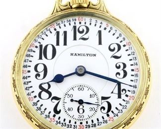 A Hamilton 950 Model Railroad watch.  16 size, 23 j, Adj Temp & 5 pos, DR, DMK, GJS, SW, LS, Hamilton "Railroad Model" GF, OF, "Montgomery" Porcelain DSD with Arabic numerals marked "Hamilton", serial #2504627.  Minor wear, light case scratches, winds, sets and running when cataloged.  ESTIMATE $800-1,200