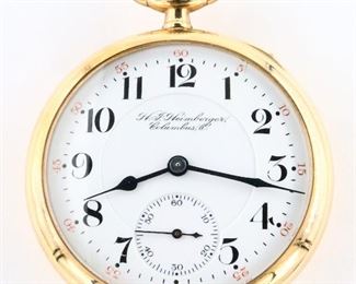A Hamilton 950 Private Label Pocket watch.  16 size, 23 j, Adj Temp & 5 pos, DMK, GJS, SW, LS, Hamilton GF, OF, Porcelain DSD with Arabic numerals marked "H. J. Heimberger, Columbus, O.", serial #752625.  Minor wear, faint dial hairline, winds, sets and running when cataloged.  ESTIMATE $400-600