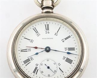 An AWW Co. Canadian Pacific Railway Model 1883 Dual Time Zone Railroad watch, marked on movement.  18 size, 17 j, Adj Temp & pos, DR, DMK, GJS, SW, LS, Dust Proof AWW Co. Coin Silver, OF, Porcelain DSD with 24-hour Roman/Arabic numerals marked "Waltham", serial #3814450.  Minor wear, winds, sets and running when cataloged.  ESTIMATE $600-800