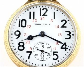 A Hamilton 992B Model Railroad watch, marked "U. S. Govt" on movement.  16 size, 21 j, Adj Temp & 6 pos, DMK, SW, LS, Hamilton Watch Co. GF, OF, Porcelain 24-hour DSD with Arabic numerals marked "Hamilton", serial #C41614.  Minor wear, winds, sets and running when cataloged.  ESTIMATE $300-400