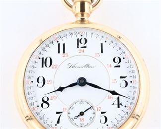 A Hamilton 946 Pocket watch.  18 size, 23 j, Adj Temp & 5 pos, DMK, GJS, SW, LS, South Bend GF, OF, engraved Eagle and Shield on back cover, Porcelain "Montgomery"  24-hour DSD with Arabic numerals marked "Hamilton", serial #493207.  Minor wear, hairlines in dial, winds, sets and running when cataloged.  ESTIMATE $600-800