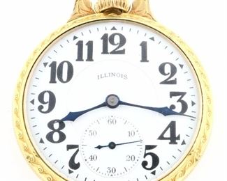 An Illinois "Sangamo Special" 60-hour Pocket watch.  17 size, 23 j, Adj Temp & 6 pos, DMK, DR, GJS, SW, LS, Wadsworth "Sangamo Special" GF, OF, Porcelain DSD with bold Arabic numerals marked "Illinois", serial #4720172.  Some wear, winds, sets and running when cataloged.  ESTIMATE $800-1,200