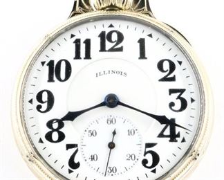 An Illinois "Sangamo Special" 60-hour Pocket watch.  17 size, 23 j, Adj Temp & 6 pos, DMK, DR, GJS, SW, LS, Wadsworth "Sangamo Special" GF, hinged covers, OF, Porcelain DSD with bold Arabic numerals marked "Illinois", serial #4626903.  Some wear, winds, sets and running when cataloged.  ESTIMATE $800-1,200