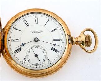 A Howard Series VII Pocket watch.  16 size, 15 j, Adj Temp, DMK, GJS, SW, PS, Crescent 25 yr GF, HC, Porcelain SSD with Roman numerals and umbrella hands, marked "E. Howard & Co., Boston" serial #63607.  Minor wear, winds, sets and running when cataloged.  ESTIMATE $300-400