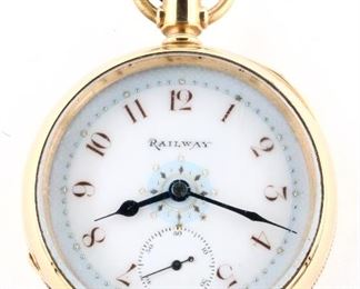 A Columbus "King" Model Pocket watch.  18 size, 21 j, Adj, DMK, GJS, SW, LS, Keystone GF, OF, Fancy Porcelain SSD with Arabic numerals marked "Railway", serial #505321.  Minor wear, faint hairlines in dial, re-cased, winds, sets and running when cataloged.  ESTIMATE $300-400