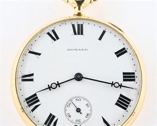 A 14k Gold Howard/Keystone Series 8 pocket watch.  12 size, 23 j, Adj Temp & 5 pos, DMK, SW, PS, Keystone 14k Gold case, OF, Porcelain SSD with Roman numerals marked "Howard", serial #1245363.  63.2 grams total weight.  Slight wear, winds, sets and running when cataloged.  ESTIMATE $600-800
