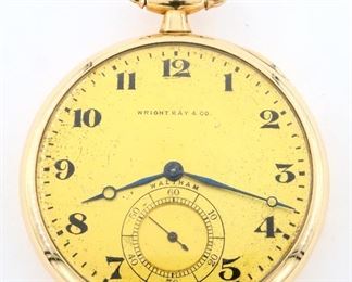 A 14k Gold AWW Co. "Riverside" Model gentlemans watch, Retailed by Wright, Kay & Co., Detroit.  12 size, 19 j, Adj, DMK, GJS, SW, LS, Waltham 14k Gold OF, Gold tone metal SSD with Roman numerals marked "Wright, Kay & Co." serial #22266748.  66.8 grams total weight.  Slight wear, monogrammed, inscription on cuvette, winds, sets and running when cataloged.  ESTIMATE $600-800