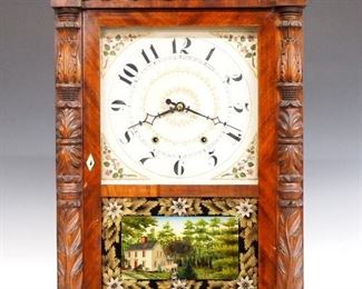 A 19th century Mark Leavenworth & Son Empire shelf clock.  30-hour weight driven wooden time and strike movement with painted wooden dial and Arabic numerals.  Mahogany case with a shaped carved crest and carved pineapple finials, over a door with clear dial glass and reverse painted lower flanked by carved foliate pilasters, carved paw feet.  Paper label 80% intact.  Older finish with some wear, minor dial wear, restored crest, finials and lower panel, running when cataloged.  30" high.  ESTIMATE $300-500