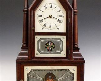A 19th century Birge & Fuller Wagon Spring Steeple clock.  8-day time and strike movement with "Wagon Spring" power, painted metal dial with Roman numerals.  Figured Mahogany "Double Steeple" form case with four turned "Candles", shaped upper door with original clear dial glass and reverse painted lower and bottom door glass.  Paper label 60% intact.  Older finish with minor wear, minor dial wear, running when cataloged.  26" high.  ESTIMATE $1,500-2,500
